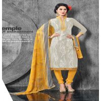 Hi-Fashion Off-White & Yellow Embroidered Churidar Suit