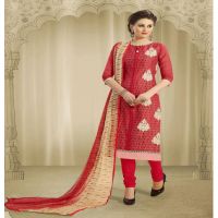 Hi-Fashion Red Embroidered Chanderi Straight Suit