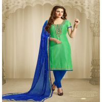 Hi-Fashion Green & Blue Embroidered Chanderi Straight Suit