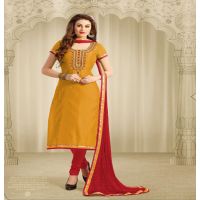 Hi-Fashion Mustard & Red Embroidered Chanderi Straight Suit
