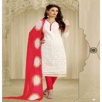 Hi-Fashion White & Red Embroidered Chanderi Straight Suit