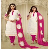 Hi-Fashion White & Pink Embroidered Chanderi Straight Suit