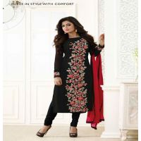 Hi-Fashion Semi-Stitched Black With Red Designer Embroidered Suit