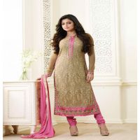Hi-Fashion Semi-Stitched Beige With Pink Designer Embroidered Suit