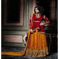 Hi-Fashion Semi-Stitched Maroon With Yellow Embroidered Designer Suit