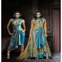 Hi-Fashion Semi-Stitched Turquoise With Beige Embroidered Designer Suit