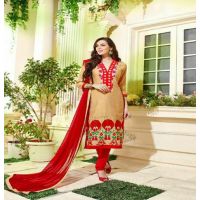 Hi-Fashion Unstitched Beige With Red Straight Suit