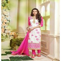 Hi-Fashion Unstitched White With Pink Straight Suit