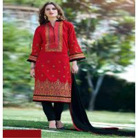 Hi-Fashion Unstitched Red With Black Embroidered Trendy Suit