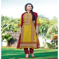 Hi-Fashion Unstitched Yellow With Red Embroidered Trendy Suit