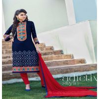 Hi-Fashion Unstitched Blue With Red Embroidered Trendy Suit