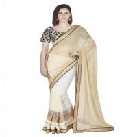 Hi-Fashion Cream Chiffon Net Embroidered Work Saree