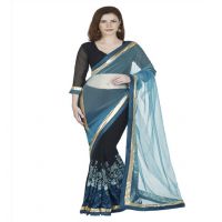 Hi-Fashion Black Chiffon Net Embroidered Work Saree