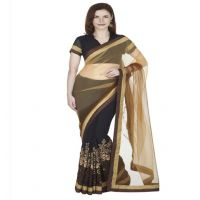 Hi-Fashion Black Chiffon Net Embroidered Work Saree