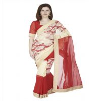 Hi-Fashion Red Chiffon Net Border Lace  Work Saree