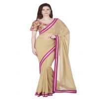 Hi-Fashion Beige Georgette Border Lace  Work Saree