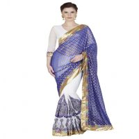 Hi-Fashion Blue Georgette Chiffon Embroidered  Work Saree