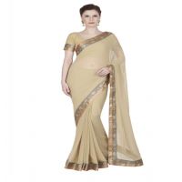 Hi-Fashion Beige Chiffon Embroidered  Work Saree