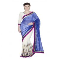 Hi-Fashion White Chiffon Brasso Embroidered  Work Saree