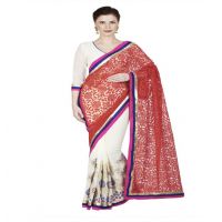 Hi-Fashion White Chiffon Brasso Embroidered  Work Saree