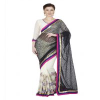 Hi-Fashion White Chiffon Net Embroidered  Work Saree