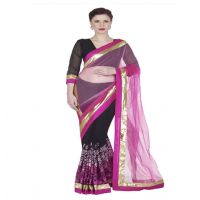 Hi-Fashion Black Chiffon Net Embroidered  Work Saree