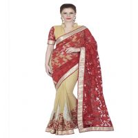 Hi-Fashion Cram Chiffon Brasso Embroidered  Work Saree