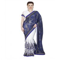 Hi-Fashion White Georgette Chiffon Embroidered  Work Saree