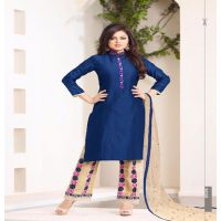 Hi-Fashion Embroidered Blue With Cream Designer Straight Suit 