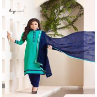 Hi-Fashion Embroidered Sea-Green With Navy Designer Straight Suit 