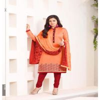 Hi-Fashion Embroidered Peach With Red Designer Straight Suit 
