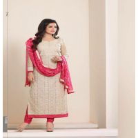 Hi-Fashion Embroidered Cream With Pink Designer Straight Suit 