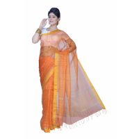 Pazaar Vermilion Red & Amber Yellow Festival Saree With Matching Blouse Piece