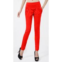 Scintillating Red Side Pocket Buttoned Elastic Waist Jegging Size-30,32,34