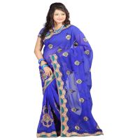 Lookslady Embroidered Blue Chiffon Saree