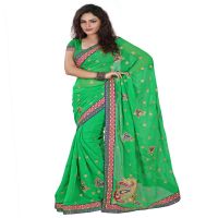 Lookslady Embroidered Green Chiffon Saree