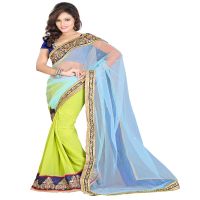 Lookslady Embroidered Light Blue & Green Pure Georgette Saree