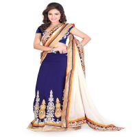 Lookslady Embroidered Beige Georgette Lehenga Saree