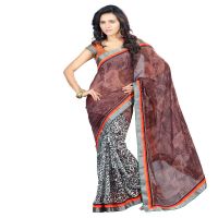 Lookslady Printed Brown Faux Georgette saree