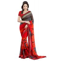 Lookslady Printed Red Faux Georgette Saree
