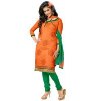 Lookslady Embroidered Orange Cotton Dress-Material