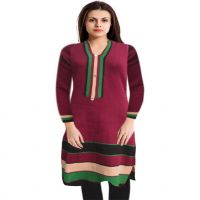 Rani Neck Stripes Nehru Collar Woolen Kurti With Free Warm Legging 