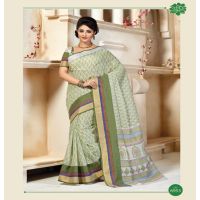 Kajri Green & White Printed Cotton Saree