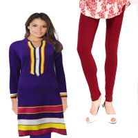 Purple Neck Stripes Nehru Collar Woolen Kurti With Free Warm Legging 