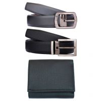 Fashion Black Pin Buckle Leather Belt And Wallet - Combo Of 3