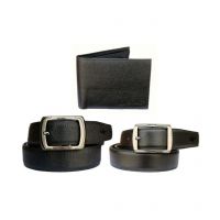 Fashion Black PU Leather Belt And Wallet - Pack of 3