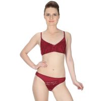 Attractive Maroon Floral Lace Bra Panty Set