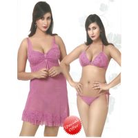Snazzy Pink Floral Lace Baby Doll -3 PCs Set