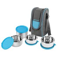 Cello Steelox Stainless Steel Lunch Box-4 Steel Blue (Capacities - 225ml 375ml x 2 550ml