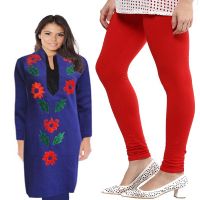 Stylish Blue Floral Embroidered Woolen Kurti With Free Warm Legging 